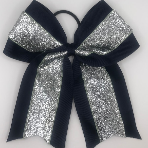 Navy Blue with Silver Glitter Layered Bow 3" Softball / Cheer / Volleyball  Bow