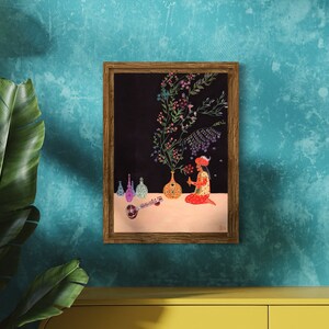 May include: A framed illustration of a person in traditional clothing holding a bouquet of flowers in a vase. The vase is decorated with colorful patterns. The illustration is set against a dark background with a musical instrument in the foreground.