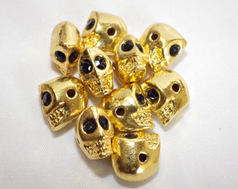 10 x Rhodium Plated Skull Beads in Gold Colour 12mm Drilled Side Holes