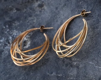 Art Nouveau Hoop Earrings - Gold Plated Silver Ray Earrings