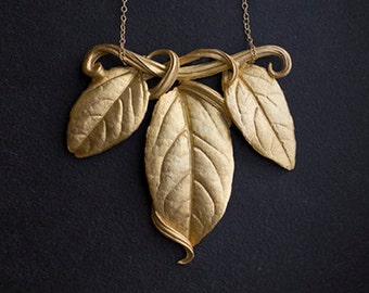 Golden Leaf Necklace - Art Nouveau Gift for her - Organic Handmade Natural Jewelry