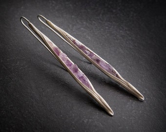 Raw Amethyst Silver Earrings -  Art Nouveau earrings, Elven Earrings, Bridal earrings, Statement earrings