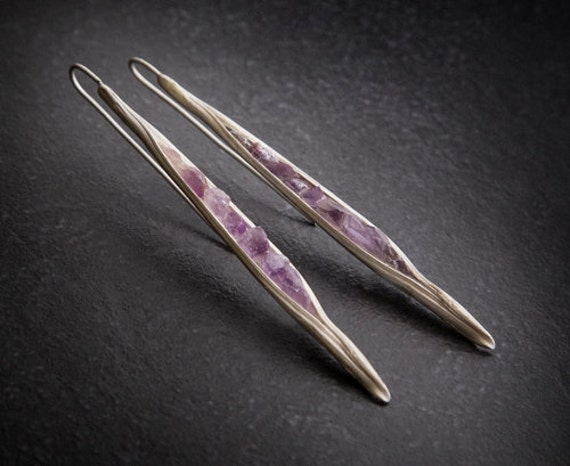 Raw Amethyst Silver Earrings - Art Nouveau earrings, Elven Earrings, Bridal earrings, Statement earrings