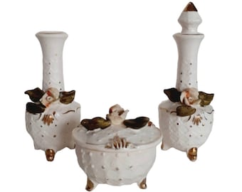 Vintage Porzellan Vanity Set Creme Puderdose Parfüm Flasche