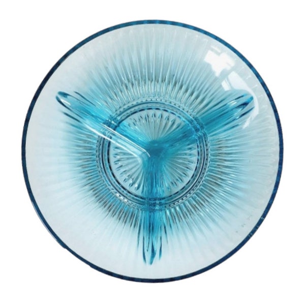 Vintage Aqua Blue Turquoise Glass Segmented Candy Dish Bowl Catch All Trinket Dish