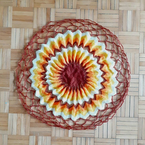 Mid Century Vintage Boho Style Red Orange Yellow Couch Chair Doily