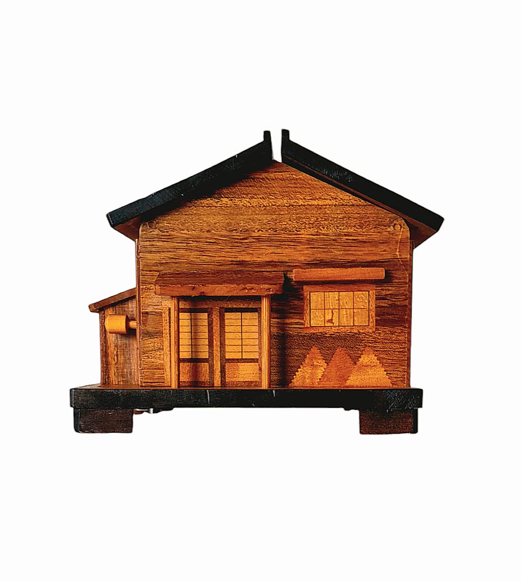 Mid Century MCM Vintage Log Cabin Wood House Musical Cigarette Dispenser  Holder