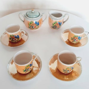 Vintage Glazed Porcelain Lusterware Orange Flower Design Tea Set Sugar Dish Creamer