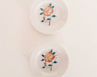Vintage MCM Mid Century Japanese Glazed Ceramic Small Plates Saucers Flower Set of 2