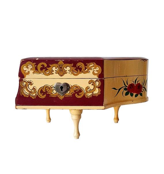 Vintage Lacquered Wood Piano Jewelry Box Flower D… - image 1