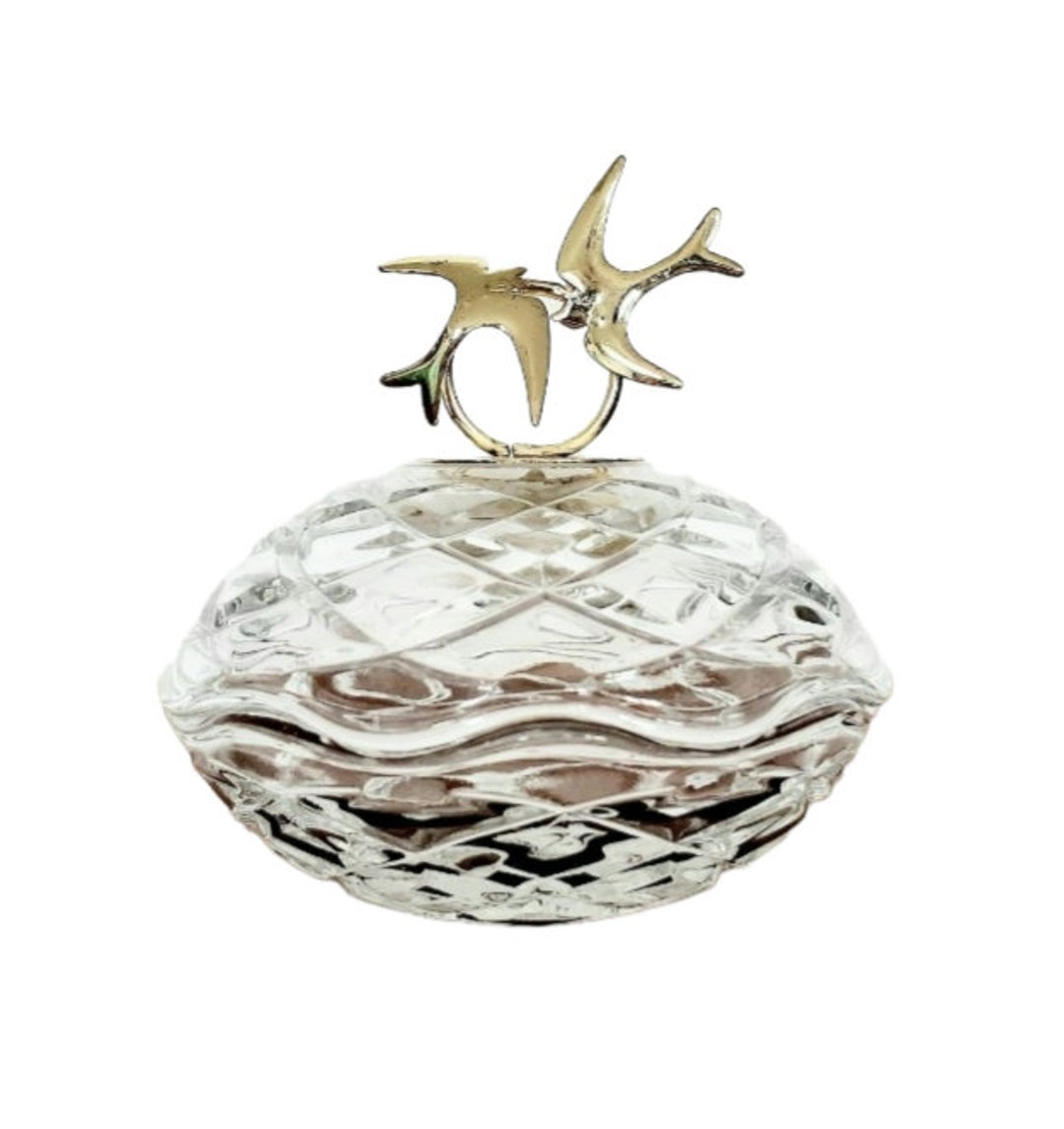 Vintage Round Crystal Glass Jewelry Box Trinket Stash Box Gold Birds Etsy