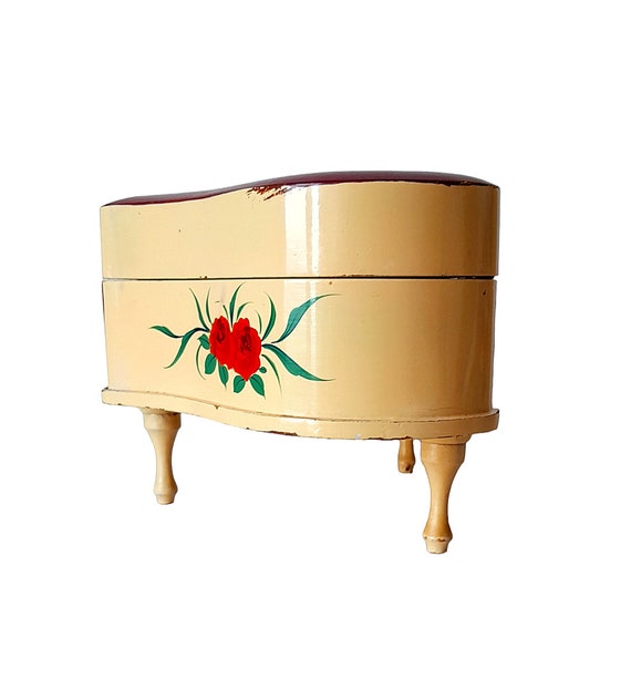 Vintage Lacquered Wood Piano Jewelry Box Flower D… - image 4