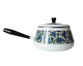 Mid Century MCM White Enamel Blue and Green Paisley Design Fondue Pot Sauce Pan