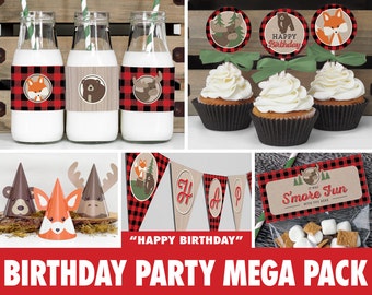 Birthday Party Mega Pack - Buffalo Plaid Woodland // INSTANT DOWNLOAD // Lumberjack Birthday Decorations // Fox Moose Bear // Printable BP06