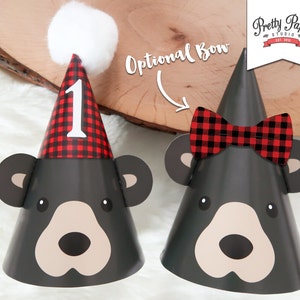 Black Bear 1st Birthday Party Hats // INSTANT DOWNLOAD // Lumberjack Birthday Party // Buffalo Plaid // Baby Bear Hat // Printable BP09 image 2