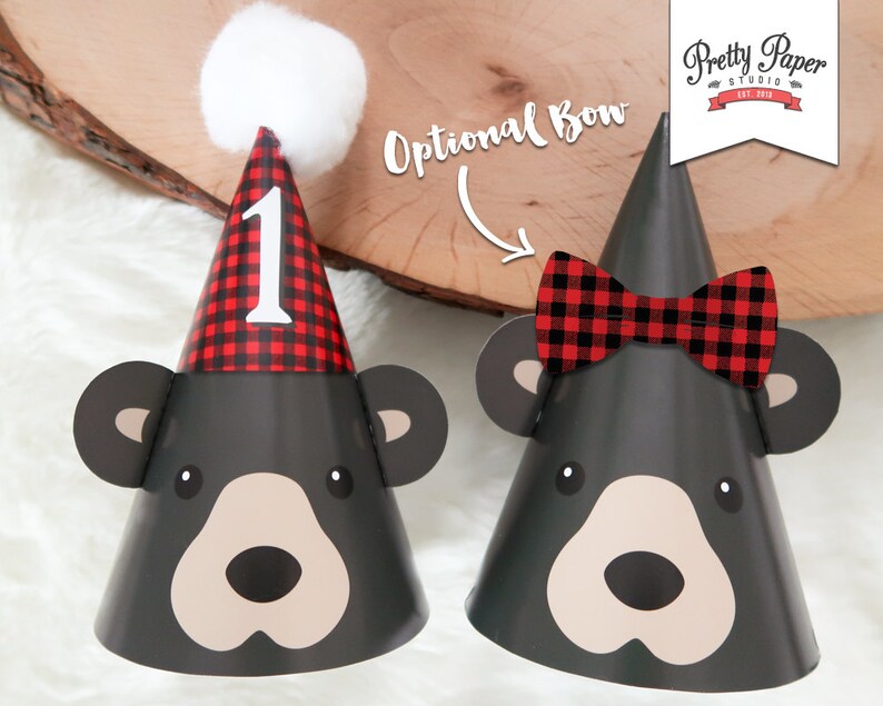 Black Bear 1st Birthday Party Hats // INSTANT DOWNLOAD // Lumberjack Birthday Party // Buffalo Plaid // Baby Bear Hat // Printable BP09 image 2