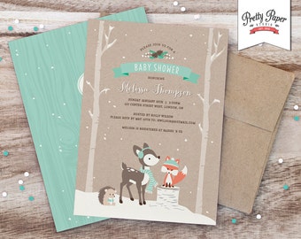 Winter Woodland Baby Shower Invitation // Woodland Fox Invite // Gender Neutral // Mint // Baby Fox // Printable Digital BS04