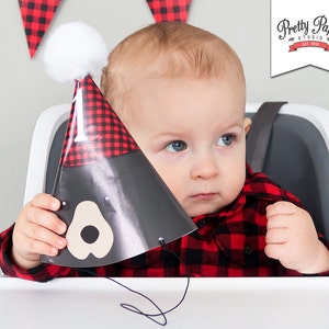 Black Bear 1st Birthday Party Hats // INSTANT DOWNLOAD // Lumberjack Birthday Party // Buffalo Plaid // Baby Bear Hat // Printable BP09 image 3