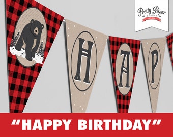 Happy Birthday Banner -Baby Black Bear // INSTANT DOWNLOAD // Lumberjack Birthday // Woodland Buffalo Plaid Party Decor // Printable BP09
