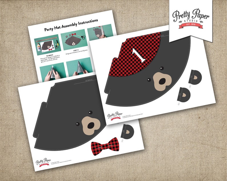 Black Bear 1st Birthday Party Hats // INSTANT DOWNLOAD // Lumberjack Birthday Party // Buffalo Plaid // Baby Bear Hat // Printable BP09 image 4