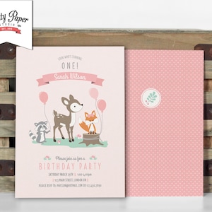 Girl Woodland Birthday Party Invitation // Woodland Party Invite // Girl // Mint & Pink // Deer Fox Raccoon // Printable Digital BP02