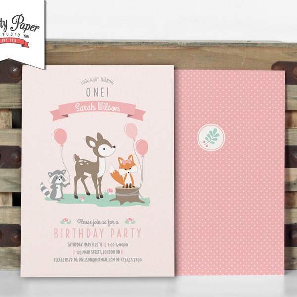 Girl Woodland Birthday Party Invitation // Woodland Party Invite // Girl // Mint & Pink // Deer Fox Raccoon // Printable Digital BP02