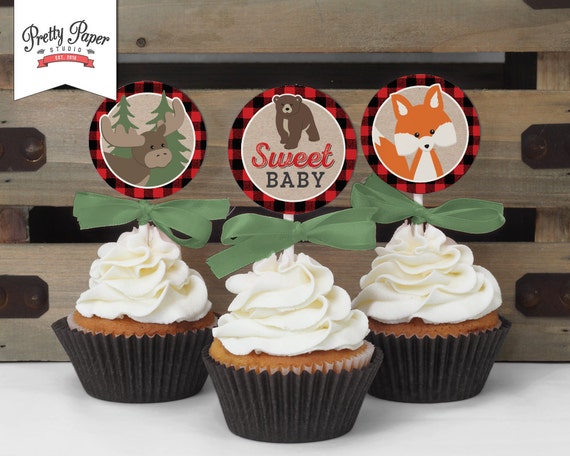 Cupcake Toppers Buffalo Plaid Woodland Baby Shower Instant Cupcake Toppers Buffalo Plaid Woodland Baby Shower Instant