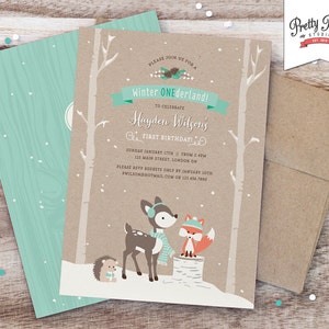 Winter ONEderland Birthday Party Invitation // Woodland Fox Invite // Boy or Girl // Mint // Printable Digital BP04