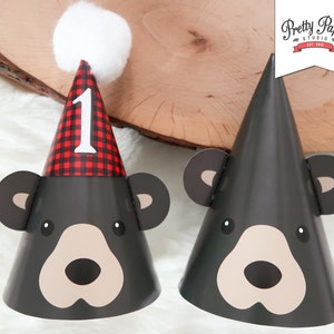 Black Bear 1st Birthday Party Hats // INSTANT DOWNLOAD // Lumberjack Birthday Party // Buffalo Plaid // Baby Bear Hat // Printable BP09 image 1