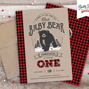 Baby Bear Lumberjack Birthday Party Invitation // Buffalo Plaid // Black Bear Cub // Winter ONEderland Invite // Printable BP09