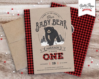 Baby Bear Lumberjack Birthday Party Invitation // Buffalo Plaid // Black Bear Cub // Winter ONEderland Invite // Printable BP09
