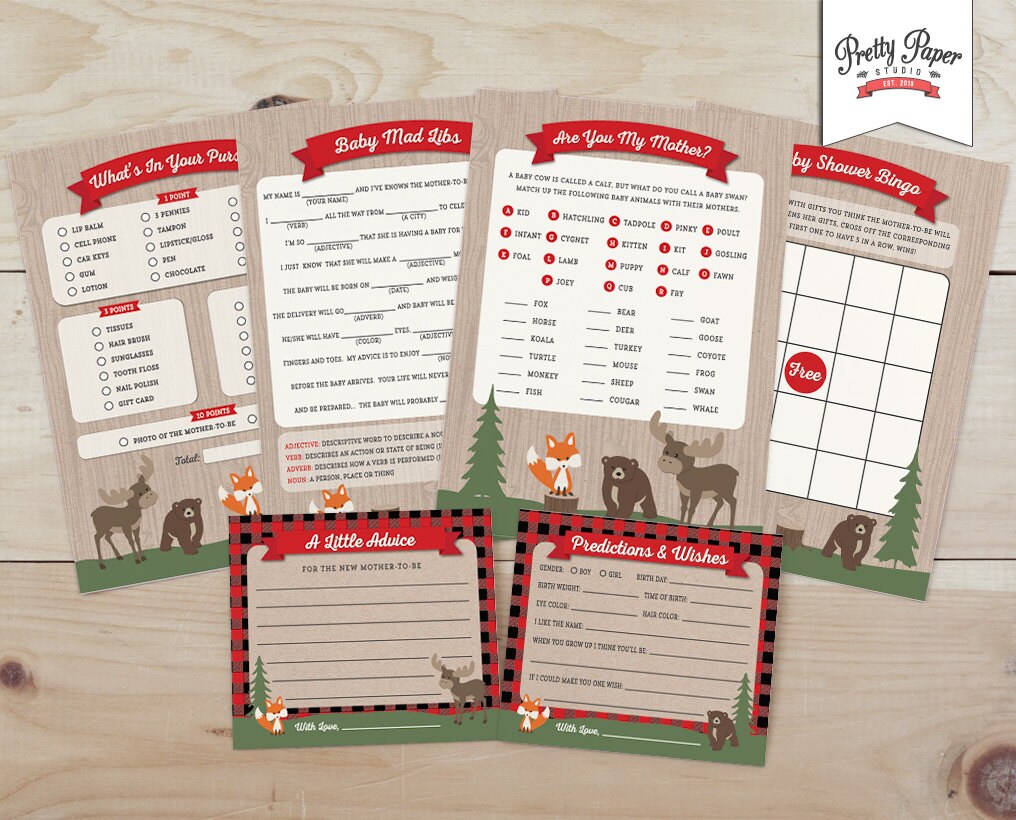 woodland digital games INSTANT DOWNLOAD Rustic lumberjack baby shower printable games package 3 buffalo plaid game bundle