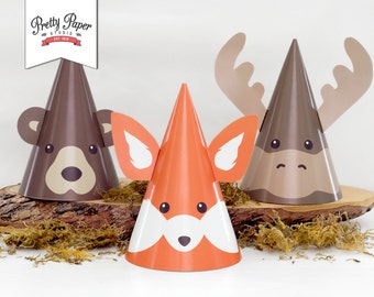 Woodland Animal Party Hats // INSTANT DOWNLOAD // Fox Moose Bear // Lumberjack Birthday Party Decor // Boy and Girl  // Printable BP07