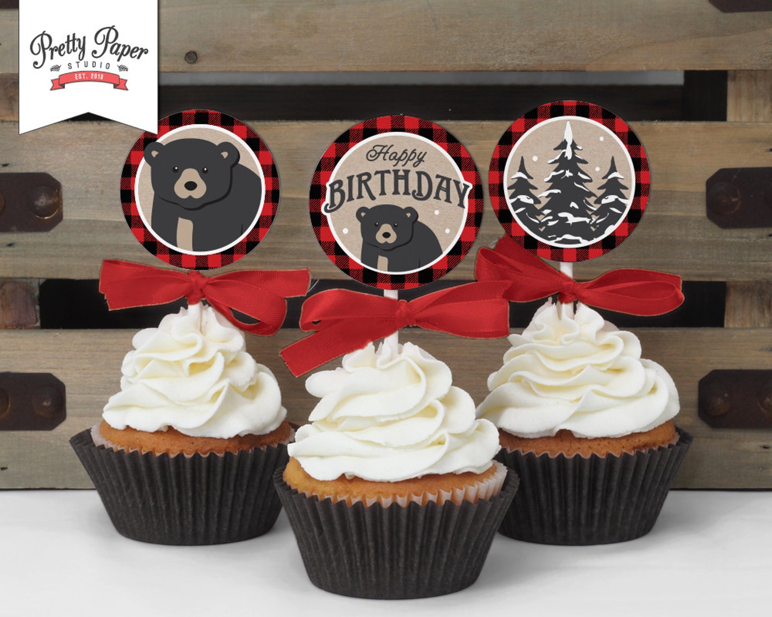 Cupcake Toppers Baby Black Bear Lumberjack Birthday // | Etsy Cupcake Toppers Baby Black Bear Lumberjack Birthday // | Etsy