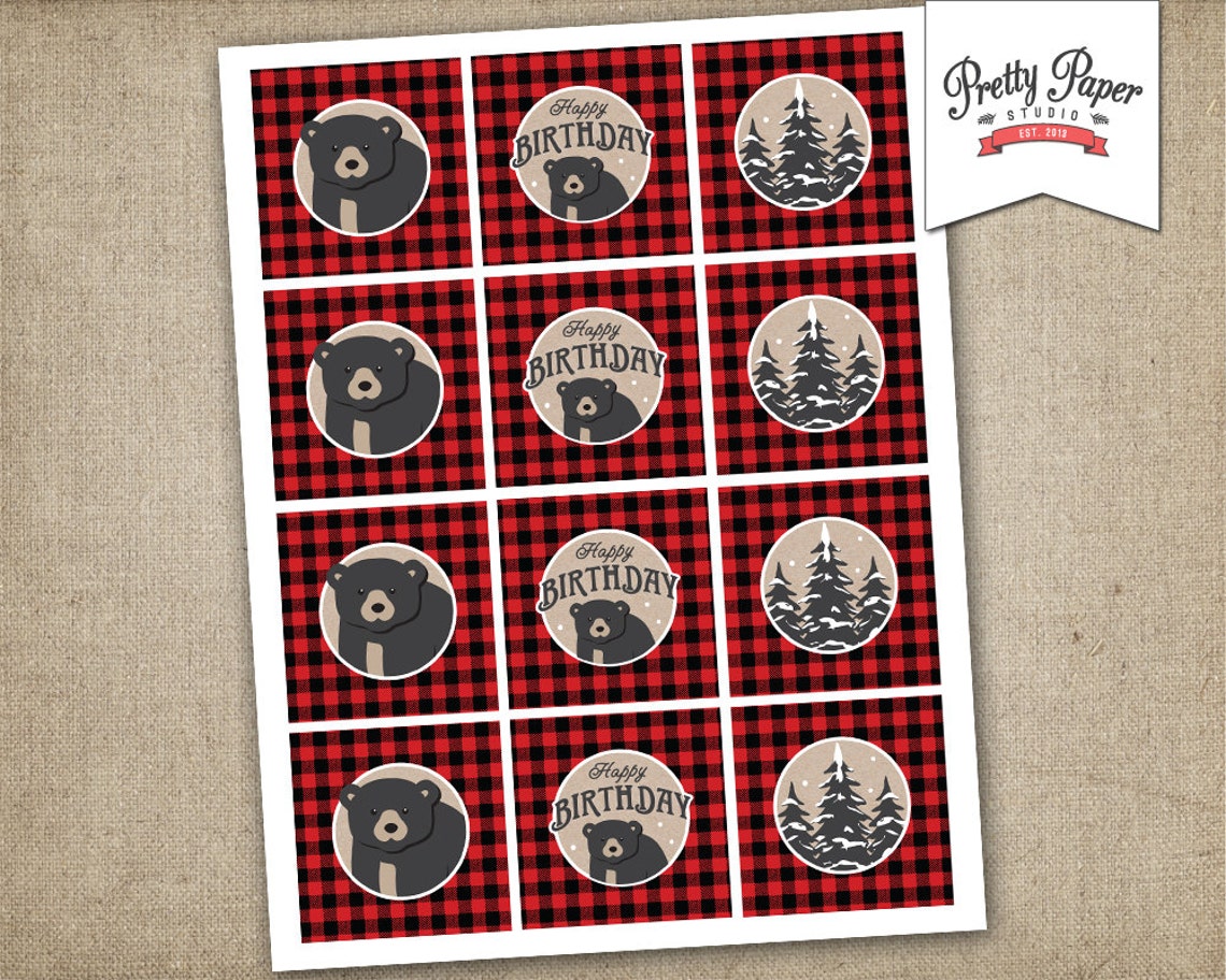 Cupcake Toppers Baby Black Bear Lumberjack Birthday // | Etsy
