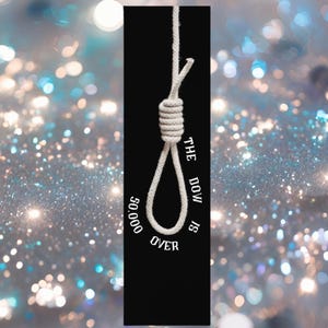 May include: A vertical image shows a white rope noose against a black backdrop. The text "THE DOW IS OVER" and "50,000" is printed in white on the black background. The background has a bokeh effect with blue and white lights.