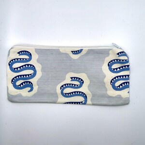 Handmade Blue Snake Zipper Bag: Cotton Canvas Lined Clutch (11x5.5 in