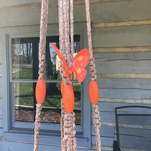 Pottery Plant Hanger with Orange Wood Beads and Butterflies