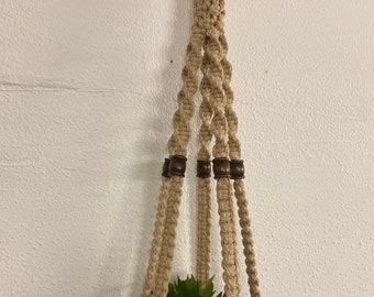 Tan Cotton Cord Plant Hanger with brown wood beads