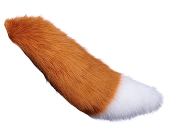 May include: A fluffy orange and white fox tail costume accessory. The tail is made of faux fur and has a long, bushy tip.