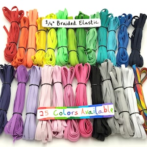 May include: A collection of 25 colors of 1/4 inch braided elastic. The elastic is arranged in rows of different colors. The elastic is a popular choice for crafting, sewing, and hair accessories.