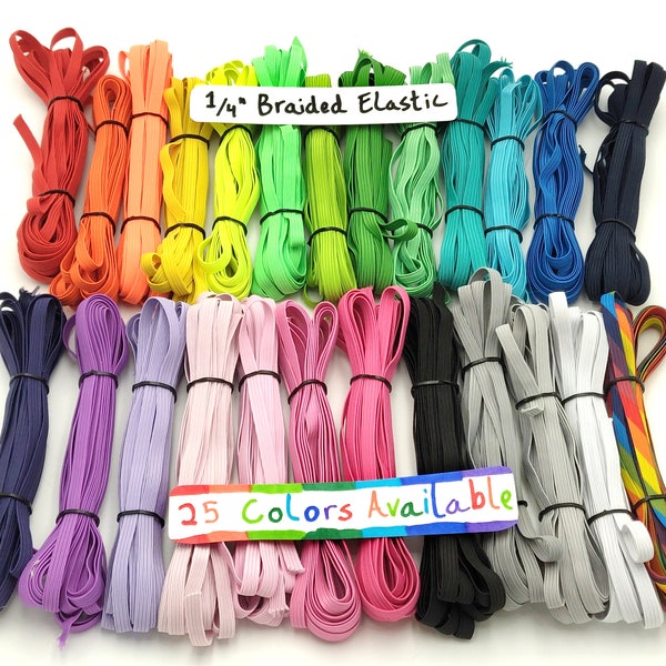 1/4" 0.25" Quarter Inch 6mm Flat Braided Elastic By the Yard - 25 colors available!