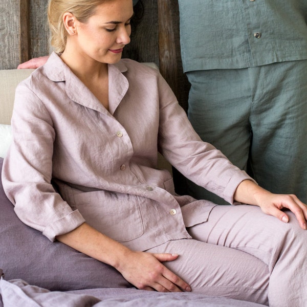 Linen PAJAMAS set, Pink women's homewear, Women's linen sleepwear, Stone washed linen pajamas, Linen PJ's, Organic linen pyjamas set