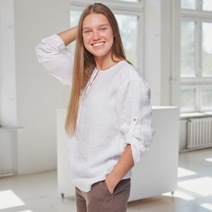 Washed linen shirt, Unisex linen shirt, Roll up sleeve linen shirt, White linen summer shirt, Linen shirt men&#39;s and women&#39;s, Oversized shirt