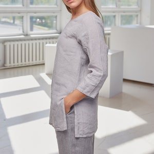 Long linen shirt, Japanese style tunic, Washed linen women&#39;s shirt, Grey linen summer tunic, Linen top for women,Loose fit blouse for women