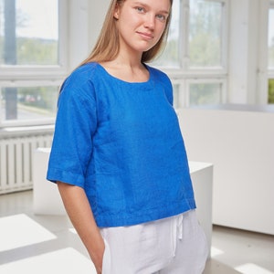 Elbow length women/'s shirt Linen top White summer top Washed linen t shirt Linen t shirt Loose fit blouse Crew neck top for women