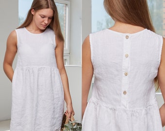 Linen Summer Dress Small White Grey Women Lucky Brand New NWT Medi 2  Pockets
