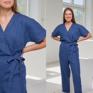 Linen wrap jumpsuit, Kimono sleeve jumpsuit, Washed and soft linen jumpsuit, Loose linen jumpsuit, Long linen romper, Women summer linens