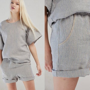 Women&#39;s linen shorts, Striped summer shorts, Natural flax shorts, Shorts with elastic waist, Handmade organic shorts, Summer clothing