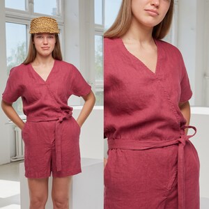 Wrap linen jumpsuit, Washed linen playsuit, Loose linen jumpsuit, Short linen romper, Women summer linens, Summer clothing, Overall